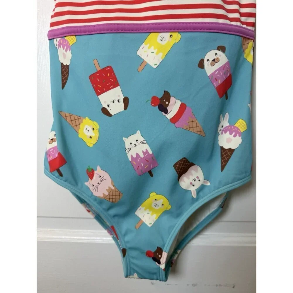 Mini Boden Hotchpotch Girls Swimsuit Stripes Ice Cream Animals Size 11-12Y NWT